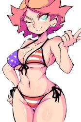 1girls alternate_costume amanda_o'neill american_flag american_flag_bikini american_flag_print bikini blush breasts brown_hair closed_mouth collarbone female female_focus female_only flag_print green_eyes groin hand_on_hip large_breasts little_witch_academia looking_at_viewer navel one_eye_closed short_hair side-tie_bikini_bottom simple_background smile smirk solo solo_female swimsuit tagme tomozawa_mamoru white_background