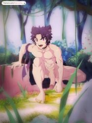 1boy abs aleccanny bara big_penis camp_buddy choker looking_at_viewer male male_focus male_only muscles muscular muscular_male outdoors outside penis purple_eyes purple_hair solo solo_focus solo_male veiny veiny_penis violet_eyes violet_hair yoichi_yukimura