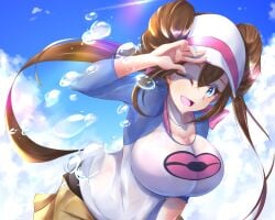 1girls big_breasts blue_eyes brown_hair brunette bubble cap hair_buns hat huge_breasts long_hair one_eye_closed pokemon pokemon_bw2 rosa_(pokemon) see-through shirt skirt tagme taut_clothes taut_shirt wet wet_clothes