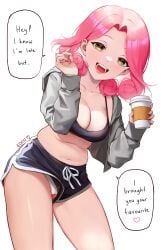 1girls belly breasts cameltoe cleavage coffee coffee_mug crop_top dolphin_shorts drink eden_(shiroki_yuutsu) english_text female female_only looking_at_viewer midriff original panties panty_peek pink_hair shorts smile text_bubble tummy vanilla_(eden_(shiroki_yuutsu)) yellow_eyes