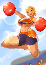 1girls 2020s 2022 abs armpit ass big_ass big_breasts big_butt blonde_hair blush breasts cheerleader cheerleader_outfit cheerleader_uniform compression_shorts easy_max_area fangs female female_focus hairclip hips jump jumping light-skinned_female light_skin looking_at_viewer manga muscle muscles muscular muscular_female one_eye_closed open_mouth outdoors pov pov_eye_contact purple_clothing red_eyes shiny_skin short_hair shorts shorts_under_skirt skirt solo solo_female solo_focus tan_body tan_skin thick_thighs thighs tomboy two_tone_clothing