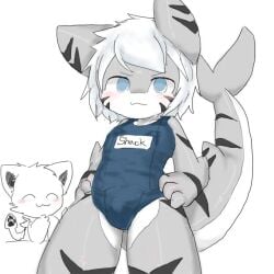 anthro blush bulge changed_(video_game) chano cute fur furry looking_at_viewer male shark slim squid_dog_(changed) swimsuit tail thick_tail thick_thighs tiger_shark tiger_shark_(changed)