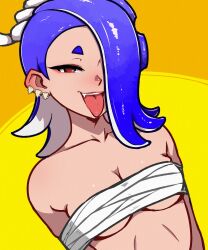 1girls akairiot bandages blue_hair breast_squeeze breasts deep_cut_(splatoon) earrings fangs looking_at_viewer octoling octoling_girl one_eye_obstructed red_eyes sarashi shiver_(splatoon) solo solo_female splatoon splatoon_3 tied_arms tied_up tongue_out