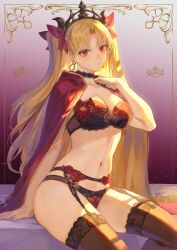 1girls big_breasts blonde_hair breasts earrings ereshkigal_(fate) fate/grand_order fate_(series) female jewelry lingerie mashu_003 navel panties posing red_eyes solo