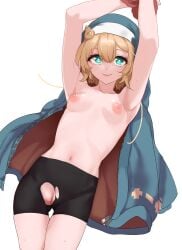 1girls areolae armpits arms_up blonde_hair blue_eyes blush breasts bridget compression_shorts eye_contact female guilty_gear guilty_gear_strive hoodie light_skin long_hair looking_at_viewer nipples pussy ripped_shorts rule_63 shorts small_breasts smile spandex_shorts todding topless vagina