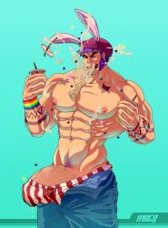 alex_(warncraving) balls bara big_balls big_penis boba_tea boner bulge bunny_ears erection gay kemonomimi male male_only muscles muscular penis penis_peek precum precum_through_clothing solo solo_male tattoo underwear warncraving