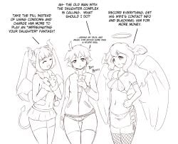 3girls angel angel_wings bikini black_and_white bottomless demon demon_girl demon_horns demon_tail demon_wings dialog dialogue english_text legwear long_hair otocai phone pointy_ears short_hair short_skirt sketch skirt tail tomboy twintails wings