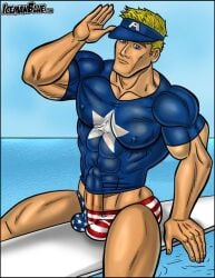 1male abs blonde_hair blue_eyes captain_america icemanblue male male_only marvel marvel_comics muscular muscular_male penis_out steve_rogers surfboard