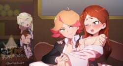 4girls ahoge amanda_o'neill arikindows10 auburn_hair blonde_hair blue_eyes blush brown_hair couch covering_eyes diana_cavendish female_only formal green_eyes hannah_england implied_fingering japanese_text kagari_atsuko little_witch_academia long_hair multicolored_hair multiple_girls one_eye_closed partially_undressed red_hair short_ponytail suit surprised tagme twitter_username two-tone_hair watching yuri