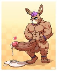 anthro balls bara big_balls big_penis boner bunny bunny_ears cum cum_drip erection furry gay male male_only munchy_(diskodeath) muscles muscular nude penis rabbit solo solo_male spiked_bracelet spiked_collar warncraving