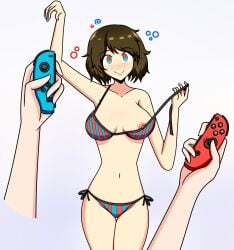 1boy 1girls 2020s 20s absurdres arm_up asian asian_female atlus bikini blue_bikini blue_eyes blush body_control breasts brown_hair cleavage collarbone controller disembodied_limb dominant_male domination domination/submission eye_contact female female_focus femsub happy happy_trance highres holding holding_controller human human_only hypnosis hypnotized joy-con lavender_background light-skinned_female light-skinned_male light_background light_skin looking_at_viewer male male_pov medium_breasts megami_tensei midriff mind_control multicolored_bikini multicolored_clothes multicolored_eyes navel nintendo nintendo_switch nipple_slip nipples persona persona_5 pov puppet red_bikini red_eyes sadayo_kawakami shin_megami_tensei short_hair side-tie_bikini_bottom side-tie_swimsuit simple_background single_nipple smile solo_focus sortishkinda standing submissive submissive_female swimsuit trance uncensored undressing very_high_resolution video_game_controller