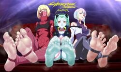 3girls cd_projekt_red cyberpunk:_edgerunners cyberpunk_2077 feet female_only foot_fetish foot_focus footcroft footwear kiwi_(edgerunners) lucyna_kushinada multiple_girls netflix rebecca_(edgerunners) smoking soles stirrup_legwear studio_trigger toes_spread