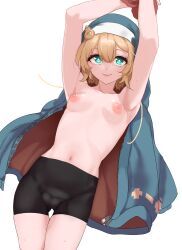 1futa armpit_hair arms_up balls blonde_hair blue_eyes blush breasts bridget bulge compression_shorts eye_contact futa_only futanari guilty_gear guilty_gear_strive hoodie light_skin looking_at_viewer penis_bulge shorts small_breasts smile solo spandex_shorts testicles thighs todding topless white_background