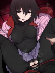 1boy bangs bar_censor black_eyes black_hair black_pantyhose black_skirt breasts brunette censored clothed_sex commentary_request covered_nipples empty_eyes female female_pubic_hair hair_between_eyes highres kabukimonogatari kuro_mushi legs_held_open light-skinned_female looking_at_viewer male_pov medium_breasts missionary missionary_position monogatari_(series) naoetsu_high_school_uniform nipple_bulge nipples_visible_through_clothing oshino_ougi owarimonogatari pale-skinned_female pantyhose penis presenting_pussy pubic_hair purple_skirt school_uniform sex short_hair skirt spread_legs steaming_body straight sweat torn_pantyhose vaginal_penetration