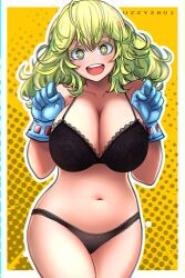 1girls big_breasts bra breasts eye_contact female female_only gloves green_eyes green_hair hagakure_tooru_(visible) happy looking_at_viewer my_hero_academia panties solo thick_thighs tooru_hagakure tooru_hagakure_(visible) uzzy2801