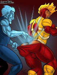 2boys blue_skin cameron_mahkent dark-skinned_male dark_skin dc dc_comics fire firestorm freezing ice icemanblue icicle_(character) icicle_jr jason_rusch looking_back male male_only muscular muscular_male tagme yaoi