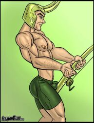 1boy bulge fishing fishing_rod helmet horned_helmet horns human human_only icemanblue light-skinned_male light_skin loki_(marvel) male male_only marvel marvel_comics muscular muscular_male solo solo_male thor_(series) topless topless_male