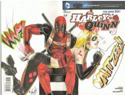 1boy 1boy1girl 1girls comic_cover crossover dc dc_comics deadpool femsub fourth_wall fourth_wall_broken happy_sub harley_quinn hourglass_expansion looking_at_viewer maledom marvel marvel_comics over_the_knee_spanking paddle paddling punishment spanking