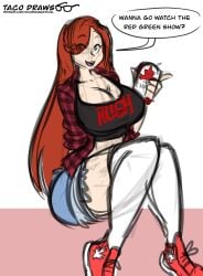 2022 big_breasts canada canadian canadian_flag captaintaco2345 cleavage clothing female hair_over_one_eye human juliette_(murgoten) maple_leaf pale_skin red_hair tacodraws tagme thick thick_thighs