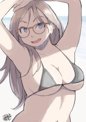 1girls 2022 artist_signature beach bikini blue_eyes brown_hair cleavage cute_fang female female_only glasses hadashi_no_kenji japanese_text long_hair open_mouth original original_character red_glasses smile solo solo_female tummy underboob