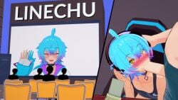 2boys blowjob blue_hair embarrassed femboy gay headgear indie_virtual_youtuber linechu sitting sucking text virtual_youtuber