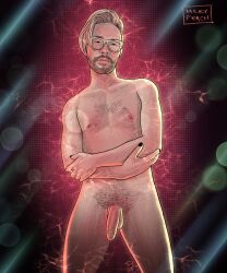 1boy balls ballsack beard_stubble blonde_hair body_hair facial_hair flaccid_penis foreskin foreskin_folds glasses human intact male male_nipples male_only male_pubic_hair milkypeach232 nsfwizardz nude_male onlyfans_model real_person retracted_foreskin scrotum solo testicles uncut