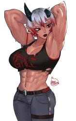 1girls abs arms_behind_head bitterbomb broken_horn demon_girl demon_horns female female_only hi_res horns indie_virtual_youtuber looking_away muscular muscular_female narrowed_eyes red_eyes red_highlights short_hair solo solo_female sweet_dynamite text_on_clothing virtual_youtuber vtuber white_background white_hair