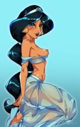 1girls 2022 aladdin baggy_pants black_hair breasts disney disney_princess dynoxter female female_focus female_only half-dressed looking_at_viewer midriff nipples persian_clothing persian_female princess_jasmine small_breasts solo solo_female tan_body