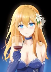 big_breasts blonde_hair blue_dress blue_eyes blush choker crown_braid flower_in_hair girls'_frontline long_gloves mosin-nagant_(girls'_frontline) wine_glass