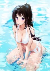 1girls bangs bikini black_hair breasts chitanda_eru cleavage female fully_clothed hyouka in_water long_hair looking_at_viewer mery_(yangmalgage) open_mouth outdoors outside ponytail pool purple_eyes sfw sitting solo water wet wet_body white_bikini