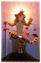 anthro bandage bandage_on_face bandage_over_eyes big_balls big_cock big_penis black_stripes brown_hair brown_nose brown_pawpads clawed_feet clawed_fingers clawed_toes claws flora_(twokinds) furry futa_only futanari giant_penis huge_balls huge_cock intersex justice justice_(tarot) kalik orange_body orange_eyes orange_fur pawpads pink_penis scales statue statue_of_justice sword tiger twokinds twokindswierdo webcomic white_body white_fur