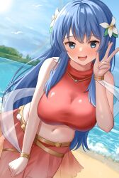 1girls :d alternate_costume bare_shoulders beach big_breasts bikini blue_eyes blue_hair blush breasts caeda_(fire_emblem) caeda_(summer)_(fire_emblem) commission cowboy_shot cute dutch_angle female female_only fire_emblem fire_emblem:_mystery_of_the_emblem fire_emblem:_shadow_dragon_and_the_blade_of_light fire_emblem_heroes fully_clothed highres jewelry large_breasts long_hair miniskirt navel necklace nintendo ocean official_alternate_costume open_mouth outdoors pink_clothing red_bikini red_swimsuit see-through skeb_commission skimpy skimpy_clothes skirt sleeveless smile solo swimsuit tenpa_(tenpa2190) thigh_gap