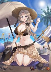 3girls alternate_costume annette_fantine_dominic bare_legs bare_thighs bikini blonde_hair blue_eyes blue_one-piece_swimsuit blue_swimsuit blurry_background breasts brown_bikini brown_swimsuit cat cleavage clenched_teeth day female female_only fire_emblem fire_emblem:_three_houses fire_emblem_heroes food green_bikini green_swimsuit hair_over_shoulder hat ice_cream ingrid_brandl_galatea ingrid_brandl_galatea_(summer) kneeling large_breasts legs long_hair looking_at_viewer mercedes_von_martritz mercedes_von_martritz_(summer) multiple_girls nintendo official_alternate_costume one-piece_swimsuit open_mouth orange_hair outdoors sarong see-through side_ponytail smile solo_focus sun_hat swimsuit thighs unworn_sandals waving yui_(msy1302mana)