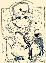 1girls closed_smile coat female_focus female_only fur_coat girls'_frontline glass_of_wine holding_wine_glass large_penis monochrome mosin-nagant_(girls'_frontline) no_color russian russian_girl side_ponytail smiling_at_viewer soviet soviet_girl sweater_dress turtleneck turtleneck_sweater ushanka wine_glass