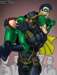 anus ass batman_(series) being_undressed black_hair bound_wrists court_of_owls dc dc_comics eye_mask green_clothing green_gloves green_legwear icemanblue male male_only masked masked_male over_shoulder_carry people_in_background robin_(dc) robin_(tim_drake) talon_(dc) tim_drake villain yaoi