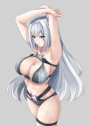 armpits arms_up blue_eyes breast_tattoo breasts cleavage ethel_(xenoblade) highres large_breasts long_hair midriff navel nintendo silver_hair smile swimsuit xenoblade_(series) xenoblade_chronicles_3 yuuuun0218