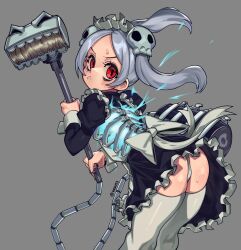 1girls ass bent_over bloody_marie blush broom clothed hair_ornament long_hair looking_at_viewer maid_uniform panties red_eyes silver_hair skullgirls solo standing stockings waa153