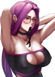 armpits arms_up breasts covered_nipples fate/stay_night fate_(series) female glasses long_hair looking_away medusa_(fate) medusa_(rider)_(fate) mouth_hold purple_eyes purple_hair ribbon tamamoice very_long_hair