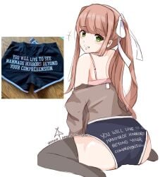 bow bra bra_strap bra_straps brown_hair doki_doki_literature_club green_eyes looking_at_viewer meme monika_(doki_doki_literature_club) panties pink_bra ponytail school_uniform sitting text text_on_panties text_on_underwear uniform white_background white_bow white_text yuxine