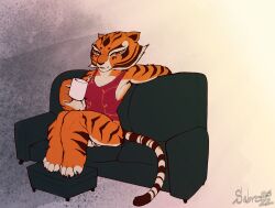 anthro bottomless clothed clothing dreamworks felid female genitals hi_res kung_fu_panda mammal master_tigress pantherine pussy sabrotiger solo