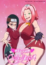 2022 2girls absurd_res artist_name artist_website background big_breasts black_eyes black_hair boruto:_naruto_next_generations breast_press breasts clothed clothed_female clothing daughter english eye_contact eyebrows eyelashes female female_focus female_only glasses green_eyes hair headband heart hearts high_resolution housewife huge_breasts light-skinned_female light_skin looking looking_at_viewer mature_female medium_hair mother mother_and_child mother_and_daughter naruto naruto_(series) nightmare_hdraw nipple_bulge nipples nipples_visible_through_clothing open_mouth pink_hair pointy_chin red_glasses sakura_haruno sarada_uchiha shiny_skin short_hair shounen_jump side_view simple_background size_difference small_breasts smaller_female smile smiling smiling_at_viewer standing text thick_thighs thighs thong wife younger_female