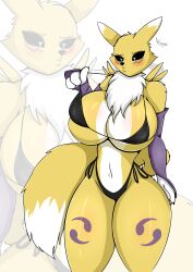 1girls aerodoggy anthro armwarmer armwear big_breasts bikini black_bikini blush breasts breasts_bigger_than_head busty chest_tuft cleavage digimon digimon_(species) female female_only fur_tuft furry hips hourglass_figure looking_down petite pulling_bikini_string renamon solo solo_female tail thick_thighs thighs three-quarter_portrait tummy underboob