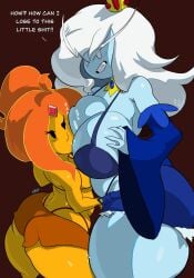 2022 2girls adventure_time ass big_ass big_breasts big_butt black_eyes blue_body blue_skin breasts breasts_touching_face cartoon_network cleavage clenched_teeth dialogue duo english_text female female_focus female_only flame_hair flame_princess huge_breasts ice_queen_(adventure_time) long_hair mob_face multiple_girls noblood orange_body orange_hair orange_skin red_background text thick_thighs thighs thong tied_hair white_eyes white_hair