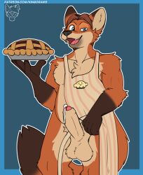 1boy apron balls bodily_fluids canid canine cum cum_drip dessert disney erection food foreskin fox genital_fluids genitals gideon_grey hi_res humanoid_genitalia humanoid_penis invalid_tag kingdraws male male_only mammal naked_apron penis pie precum solo zootopia