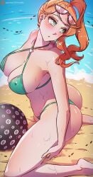 1girls ass barefoot beach bikini breasts bubble_ass bubble_butt eyewear_on_head feet female female_only himmely huge_ass huge_breasts light-skinned_female light_skin looking_back mature_female milf nipple_bulge orange_hair pokemon pokemon_ss sonia_(pokemon) sunglasses sunglasses_on_head