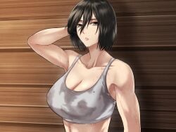 1girls armpits arms_behind_head arms_up attack_on_titan big_breasts black_hair bra female female_only mikasa_ackerman naja_(artist) shingeki_no_kyojin short_hair solo sports_bra sportswear sweat sweat_stain sweating sweaty