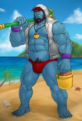 balls bara beach beard blank_eyes blue_skin bucket bulge facial_hair gay glensaru glowing_eyes hood_up league_of_legends male male_only muscles muscular necklace penis scars shovel sleeveless_jacket solo solo_male yorick