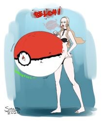 1girls belly big_belly big_breasts blonde_hair bra breasts burp burping cleavage female huge_belly oleana_(pokemon) open_mouth panties pokemon pokemon_ss same_size_vore smappa stomach_noises vore