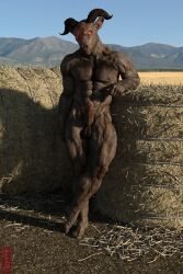 2021 3d_(artwork) abs anthro balls blender_(software) bovid bovine caprine crossed_legs curled_horns digital_media_(artwork) erection european_mythology farm farmland field genitals glowing glowing_eyes goat greek_mythology hay hay_bale hi_res horizon horn humanoid_genitalia looking_at_viewer male mammal minotaur mountain mouth_closed muscular muscular_anthro muscular_male mythology navel nipples nude orange_eyes outside pecs penis shadow smile solo ugnaughtsden veiny_muscles