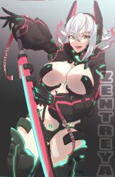 1girls alternate_version_available big_breasts casual clothing cute cybernetics female female_only gloves looking_at_viewer outerwear pale_skin peachcupp pubic_tattoo silver_hair sword thick_thighs virtual_youtuber vshojo weapon zentreya zentreya_(cyborg)